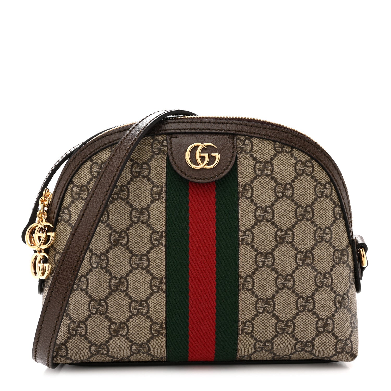 Gucci GG Supreme Monogram Textured Dollar Calfskin Web Small Ophidia Dome Shoulder Bag Beige Ebony New Acero Brown 1 of 12