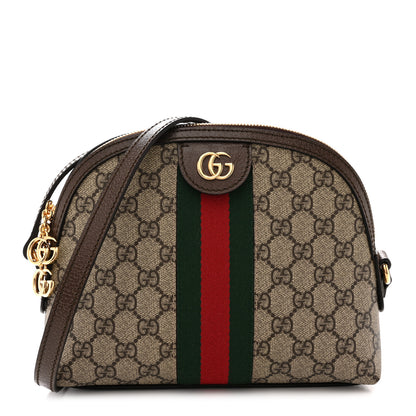 Gucci GG Supreme Monogram Textured Dollar Calfskin Web Small Ophidia Dome Shoulder Bag Beige Ebony New Acero Brown 1 of 12
