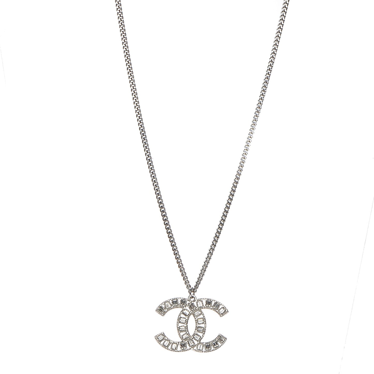 Baguette Crystal Glitter Large CC Necklace Silver