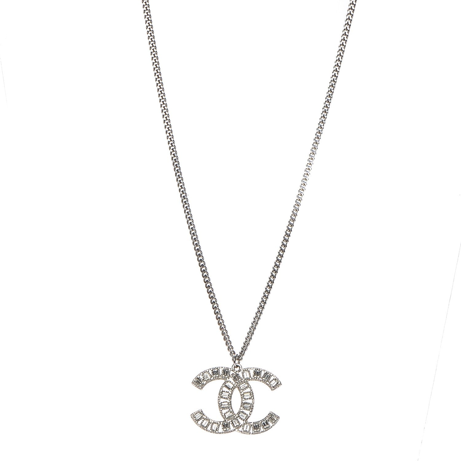 Chanel Baguette Crystal Glitter Large CC Necklace Silver 1 of 5