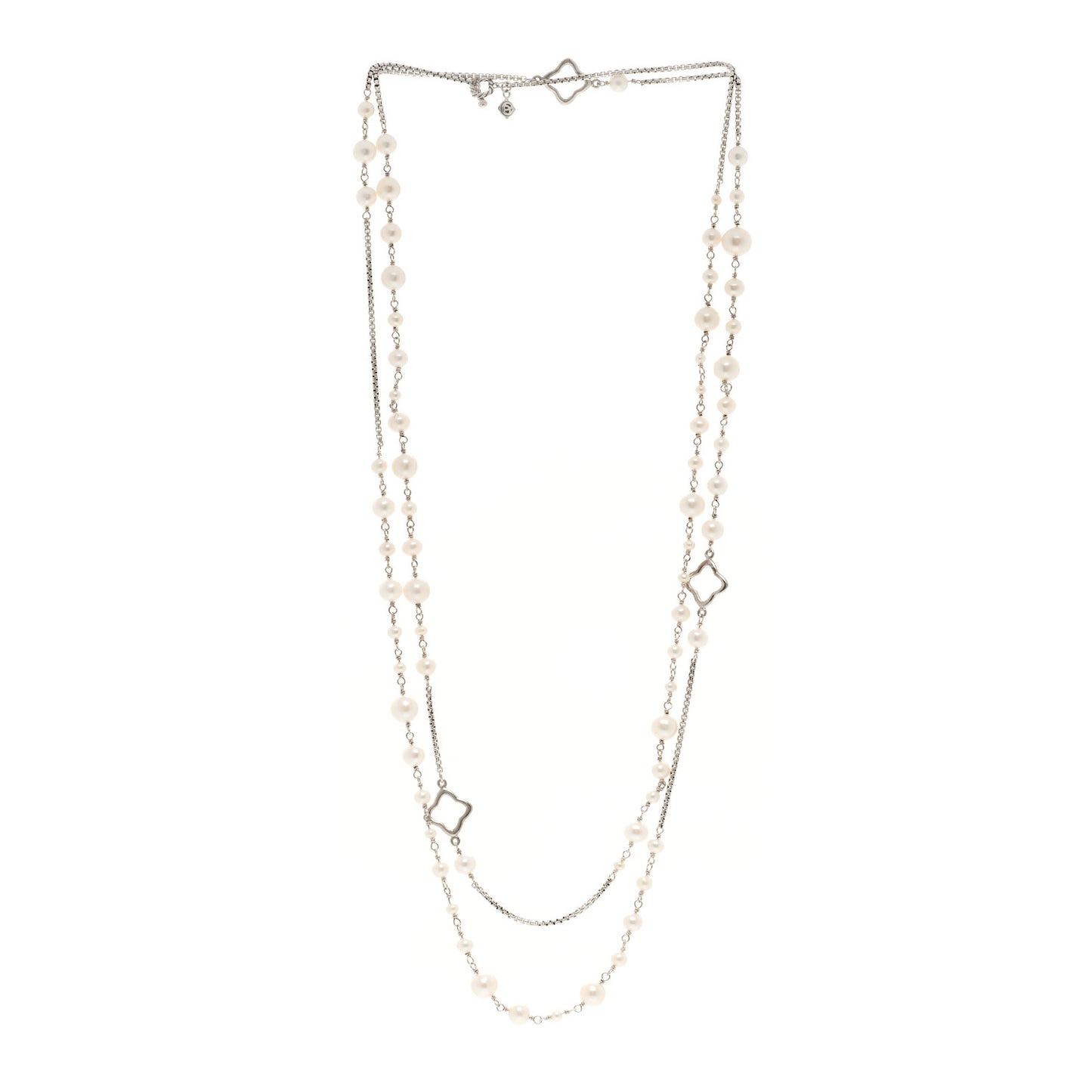 Sterling Silver Cultured Pearl Quatrefoil Long Chain Necklace