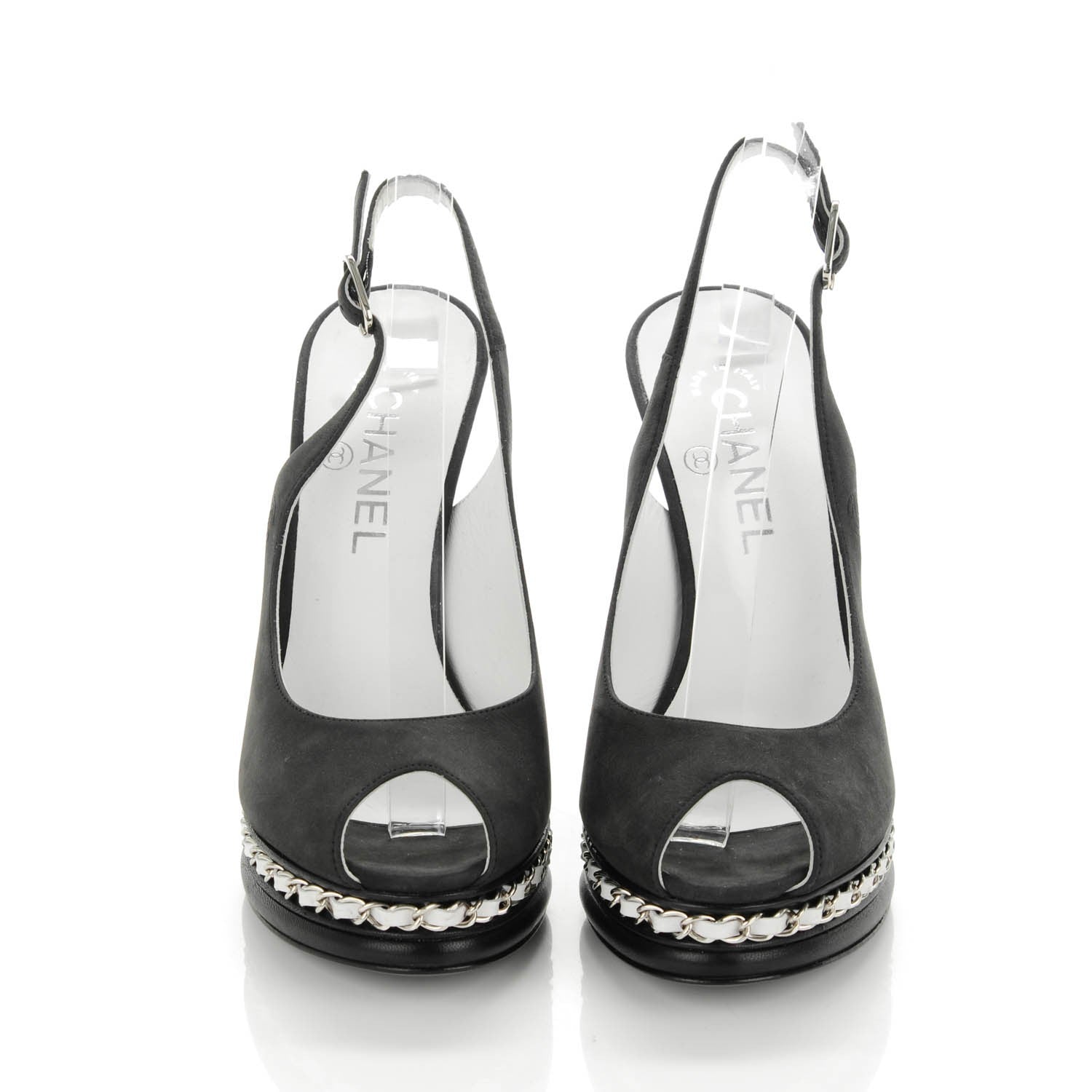 Chanel Suede Chain Peep Toe Slingback Pumps 38 Black 2 of 7