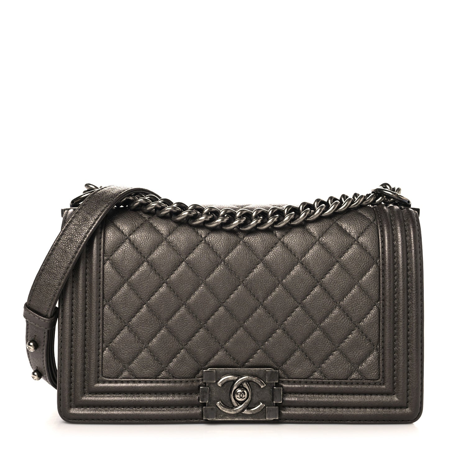 Metallic Calfskin Quilted Medium Boy Flap Pewter