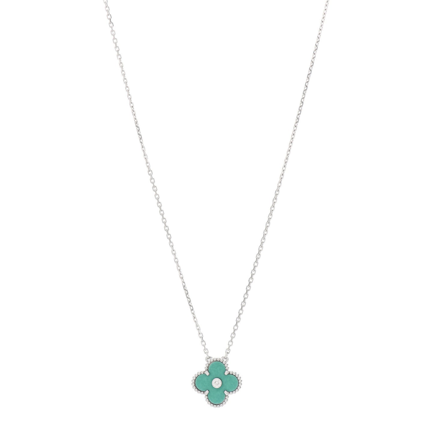 18K White Gold Diamond Celadon Green Sevres Porcelain Vintage Alhambra Pendant Necklace