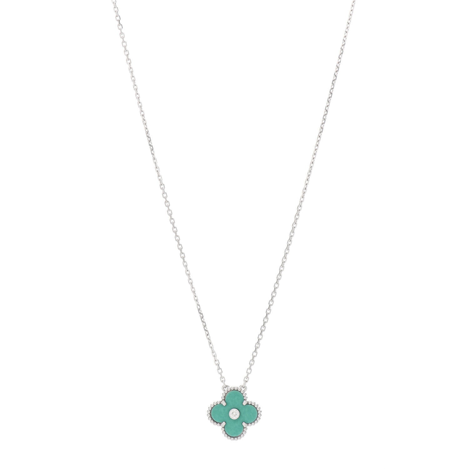 Van Cleef & Arpels 18K White Gold Diamond Celadon Green Sevres Porcelain Vintage Alhambra Pendant Necklace 1 of 5