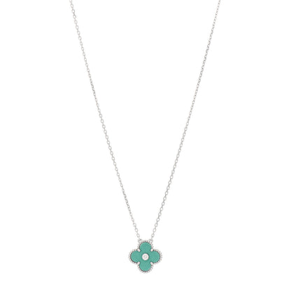 Van Cleef & Arpels 18K White Gold Diamond Celadon Green Sevres Porcelain Vintage Alhambra Pendant Necklace 1 of 5