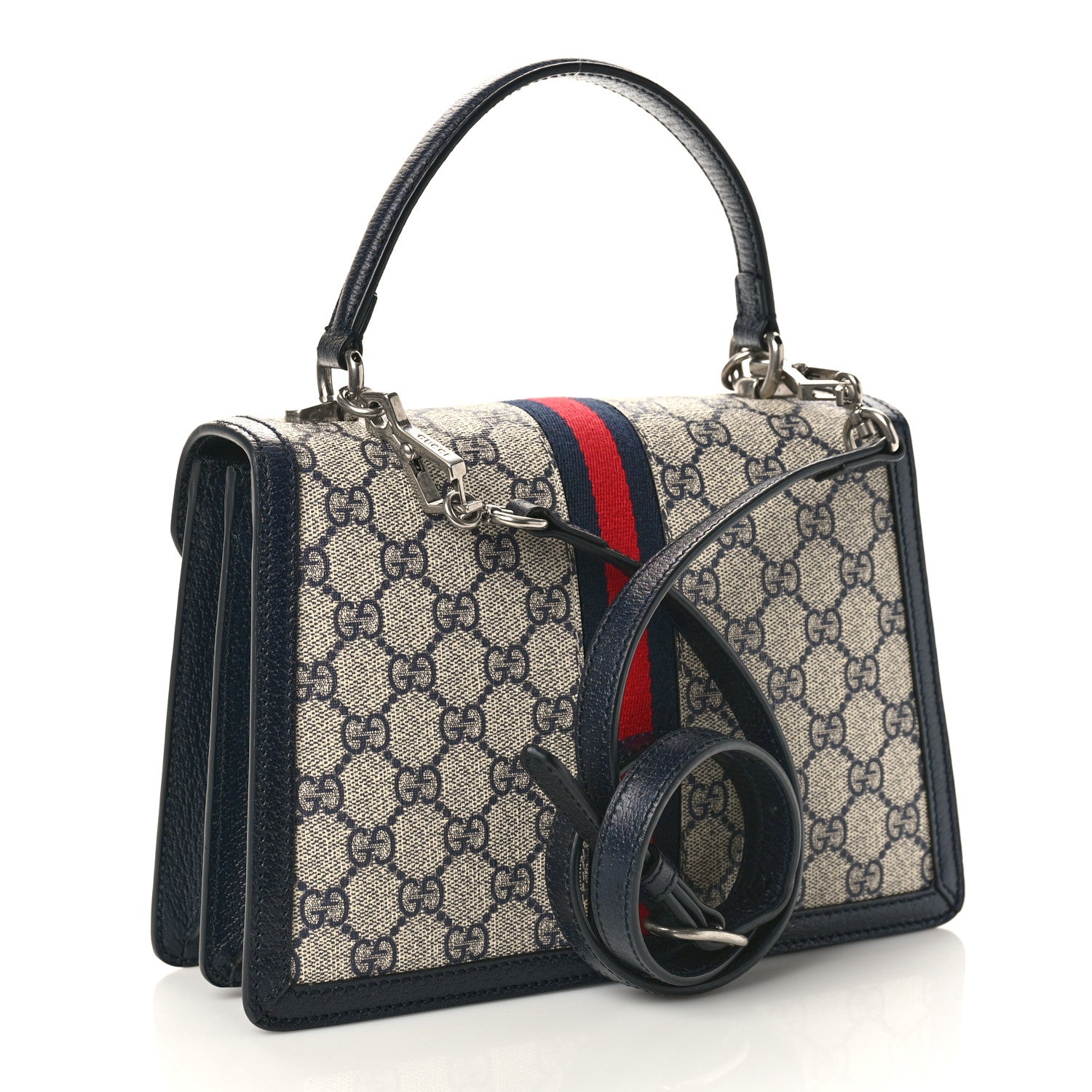 Gucci GG Supreme Monogram Textured Dollar Calfskin Web Small Ophidia Padlock Top Handle Bag Beige Blue 2 of 8
