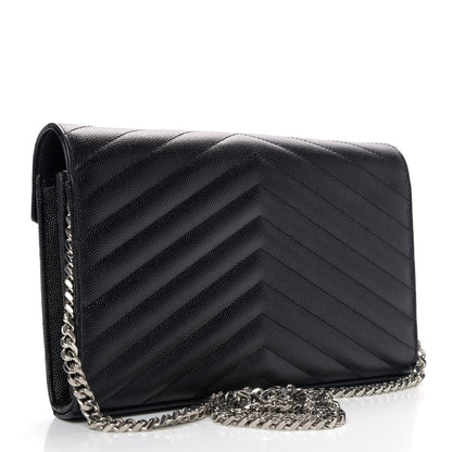 Saint Laurent Grain De Poudre Matelasse Chevron Monogram Chain Wallet Black 2 of 4