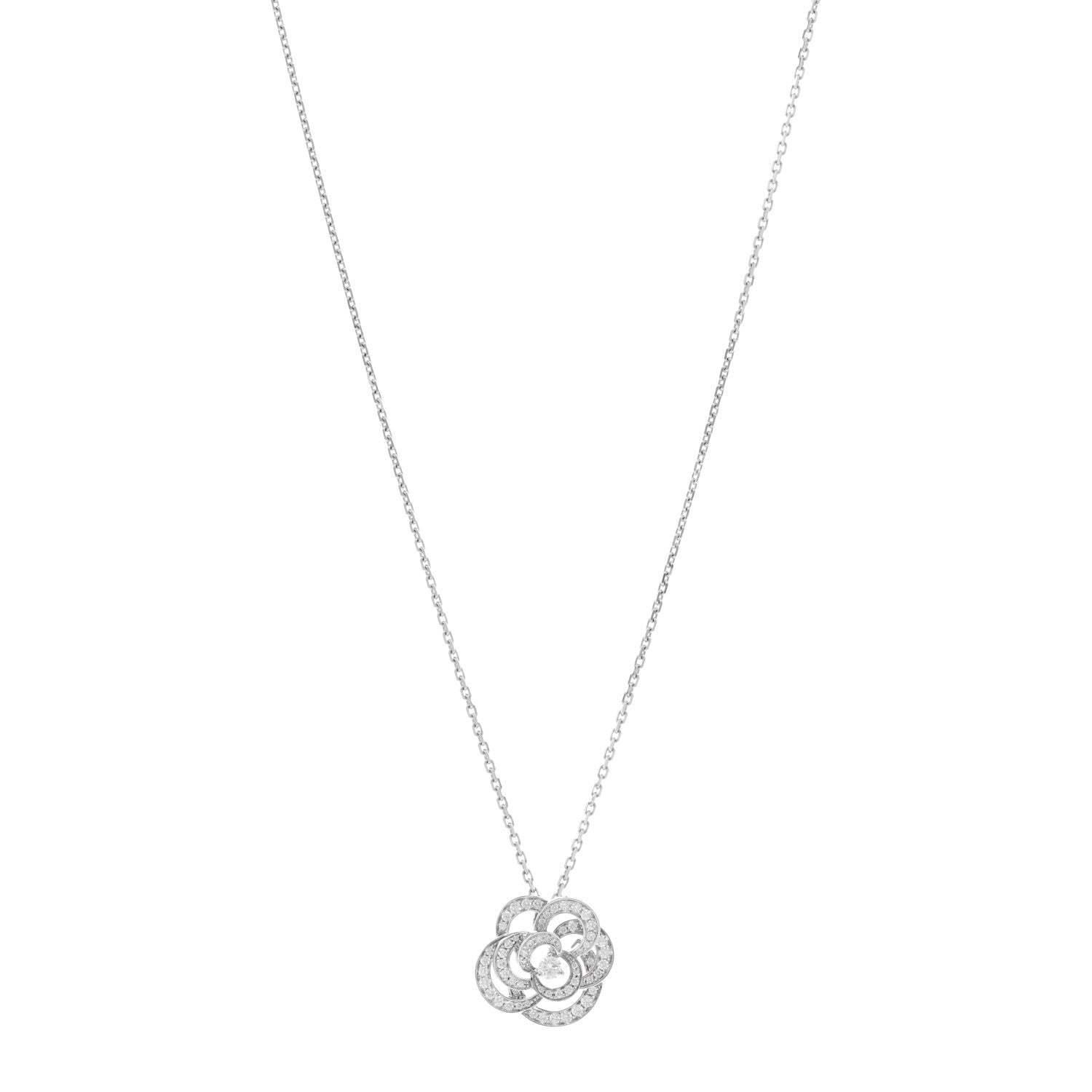 Chanel 18K White Gold Diamond Small Fil De Camelia Pendant Necklace 1 of 5