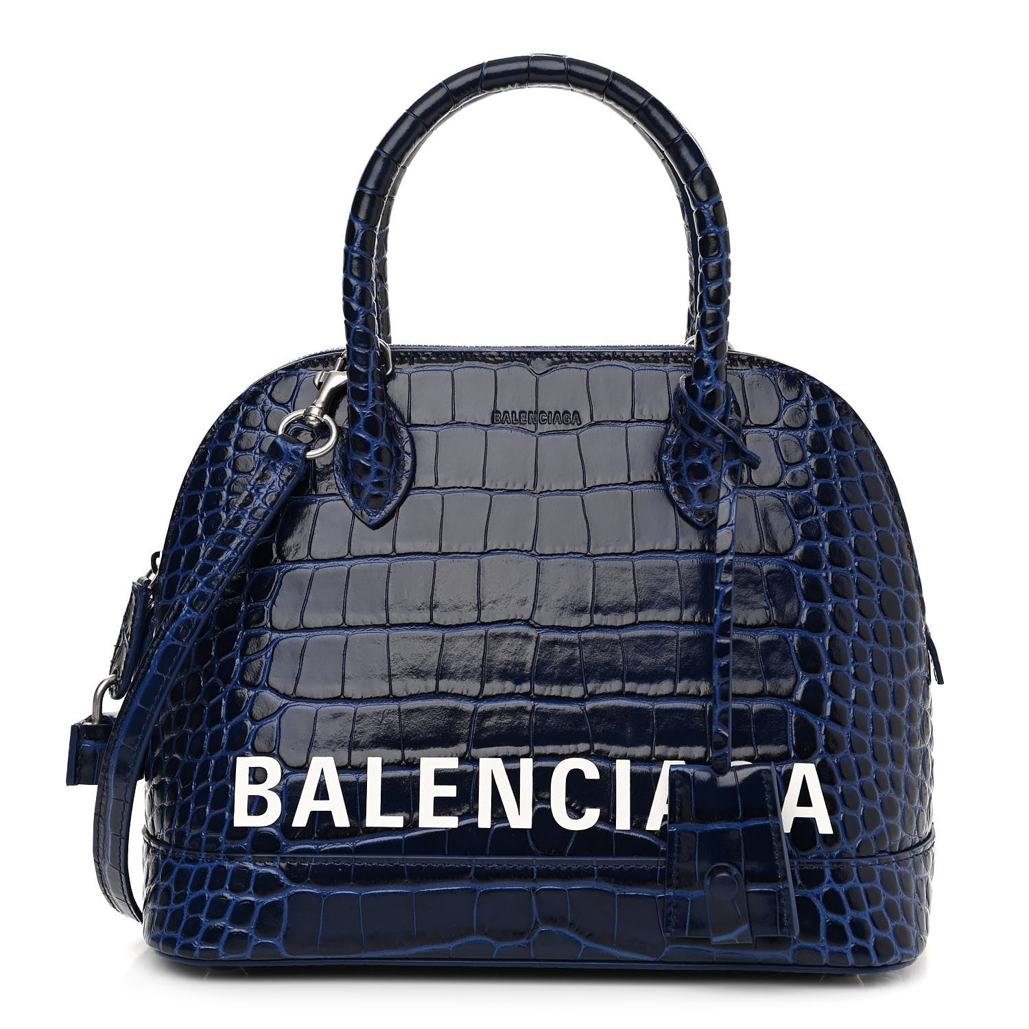 Balenciaga Shiny Calfskin Logo Crocodile Embossed S Ville Top Handle Bag Navy White 1 of 13