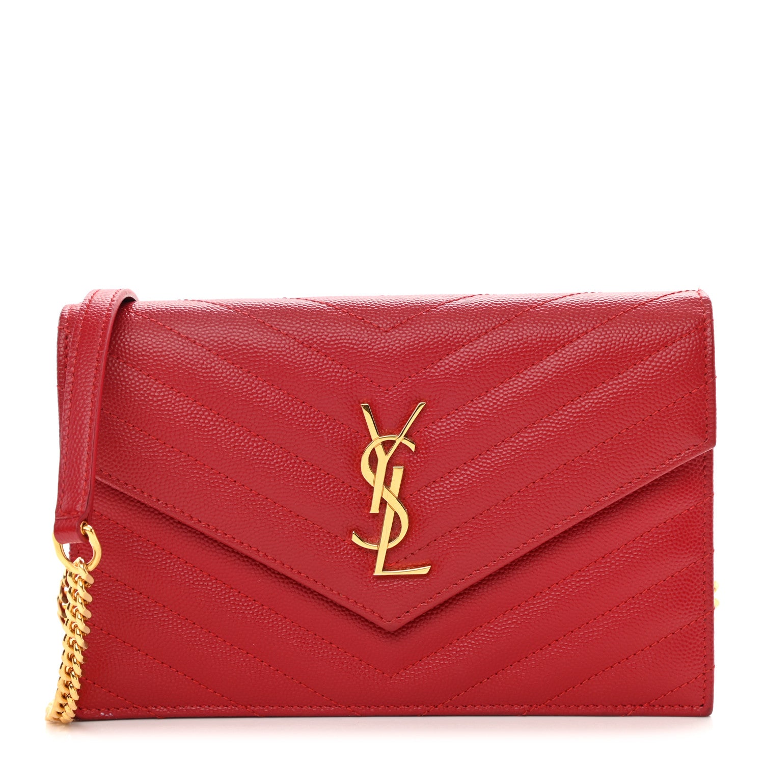 Saint Laurent Grain De Poudre Matelasse Chevron Monogram Envelope Chain Wallet Red 1 of 23