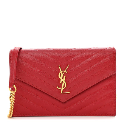 Saint Laurent Grain De Poudre Matelasse Chevron Monogram Envelope Chain Wallet Red 1 of 23