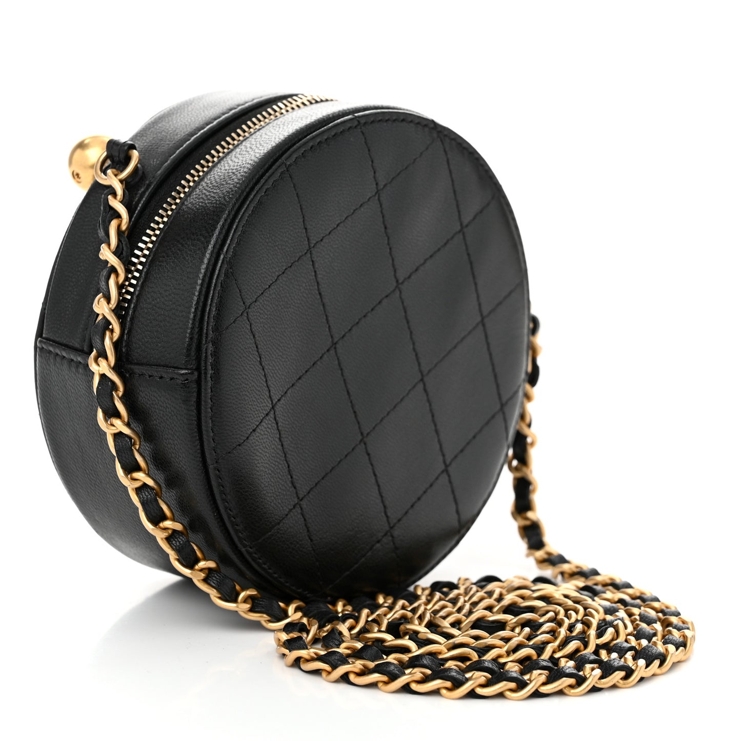 Goatskin Quilted Chic Pearls Chain Round Clutch With Chain Black