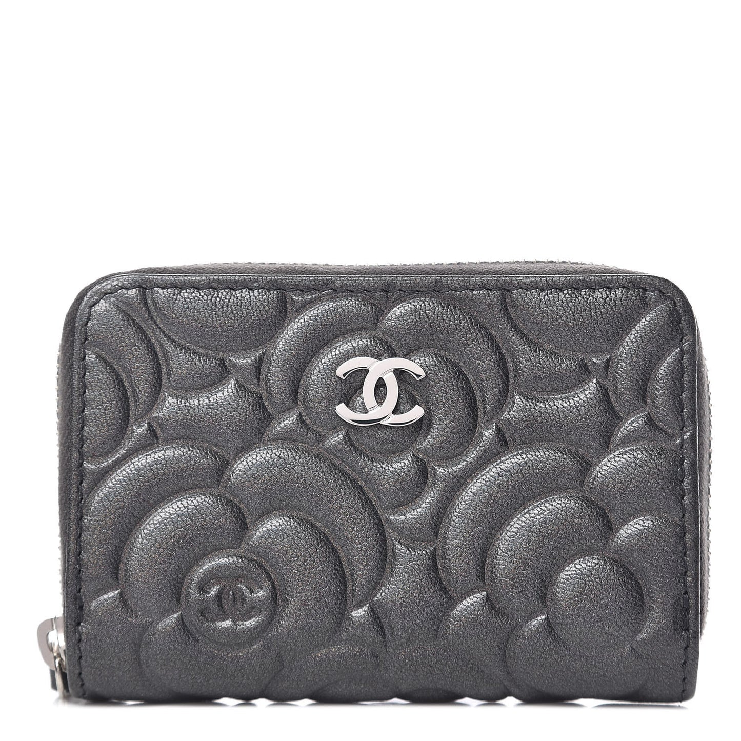 Goatskin Camellia Embossed Zip Coin Purse Anthracite