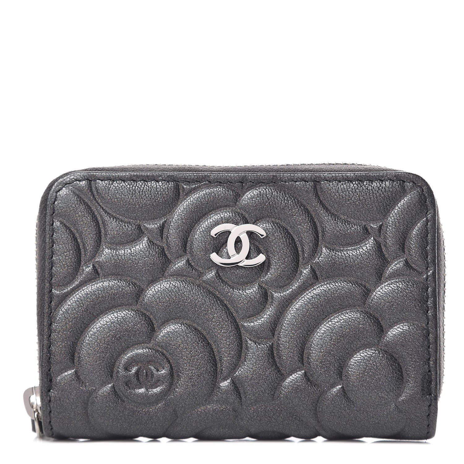 Chanel Goatskin Camellia Embossed Zip Coin Purse Anthracite 1 of 8
