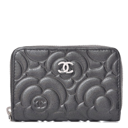 Chanel Goatskin Camellia Embossed Zip Coin Purse Anthracite 1 of 8