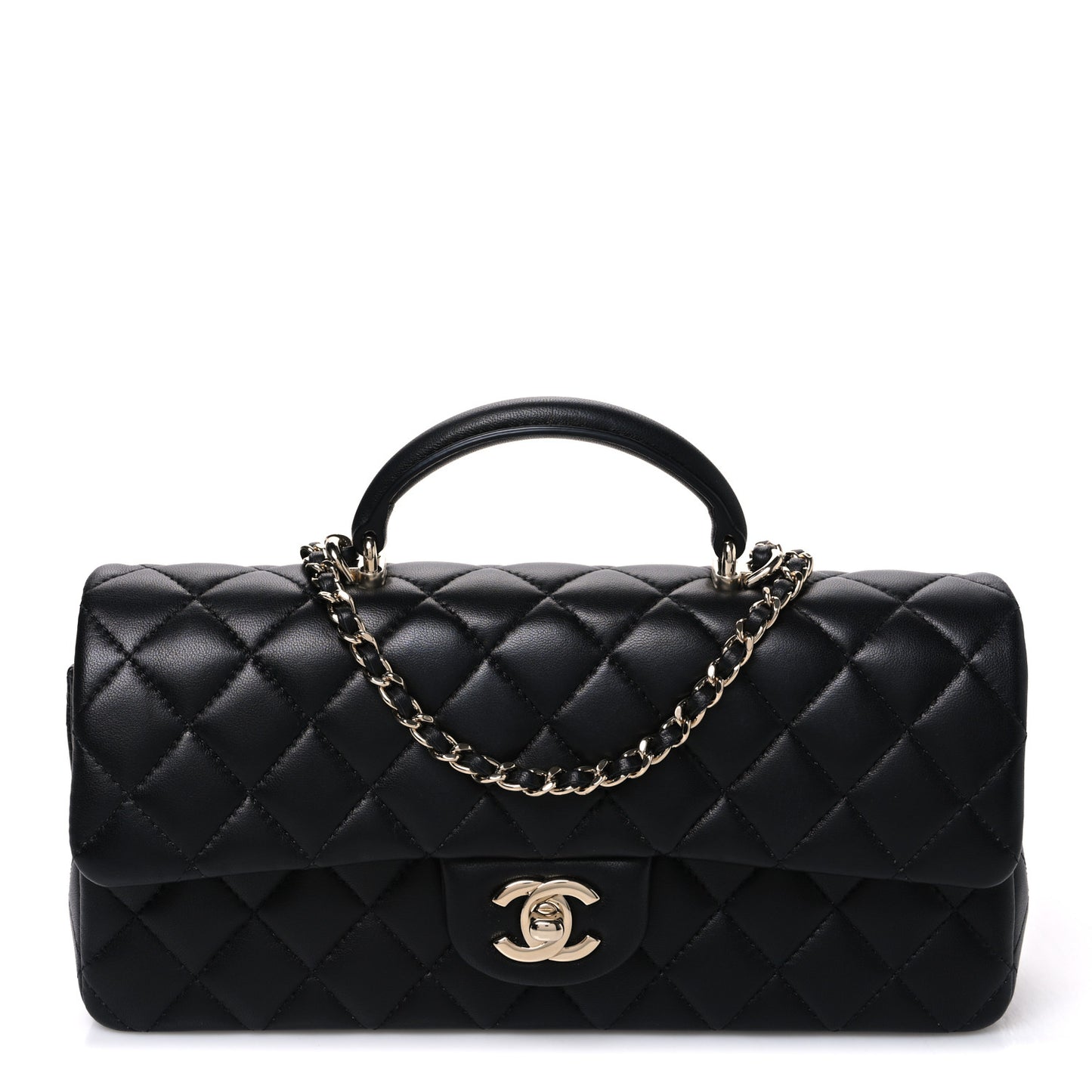 Lambskin Quilted Top Handle East West Flap Black