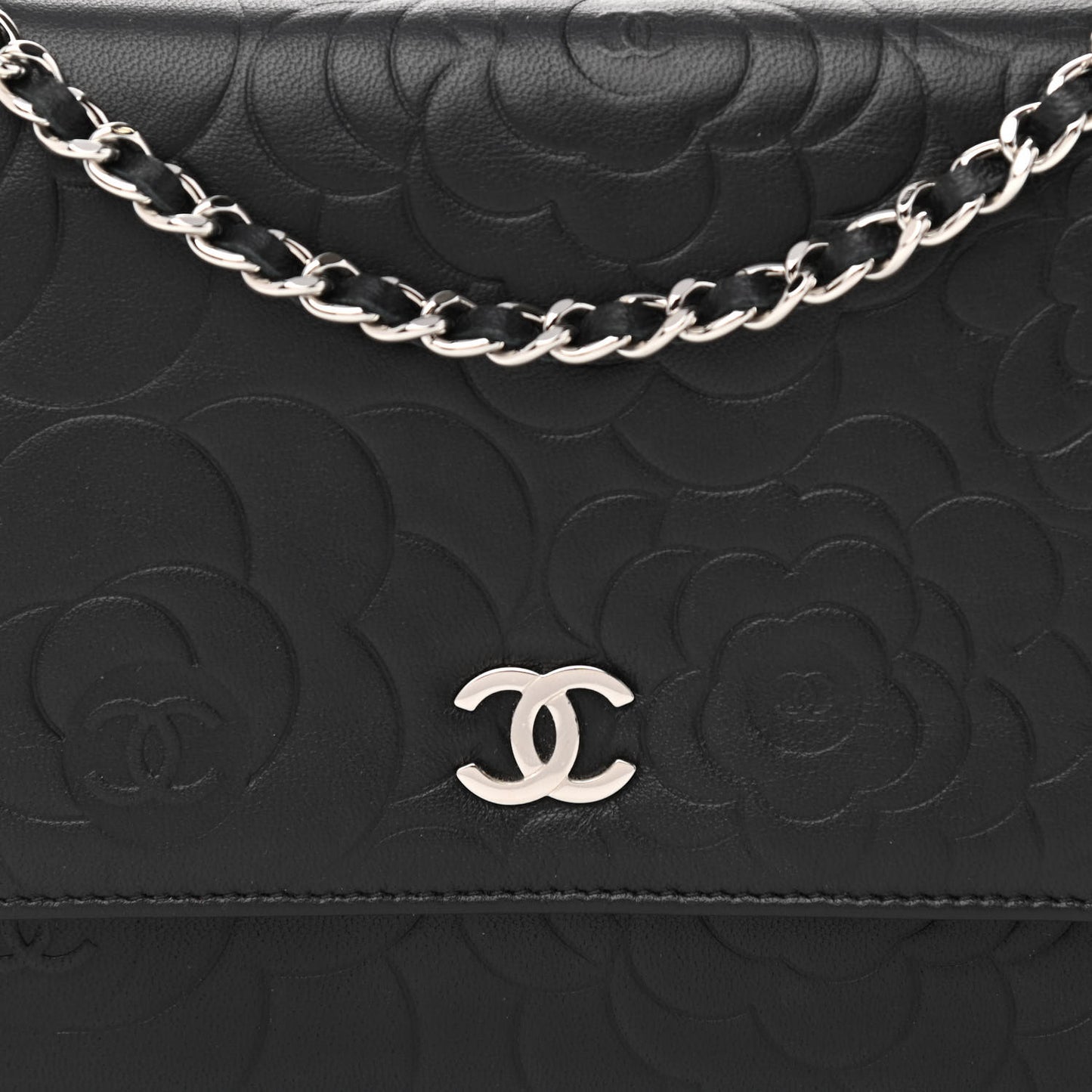Lambskin Camellia Embossed Wallet on Chain WOC Black