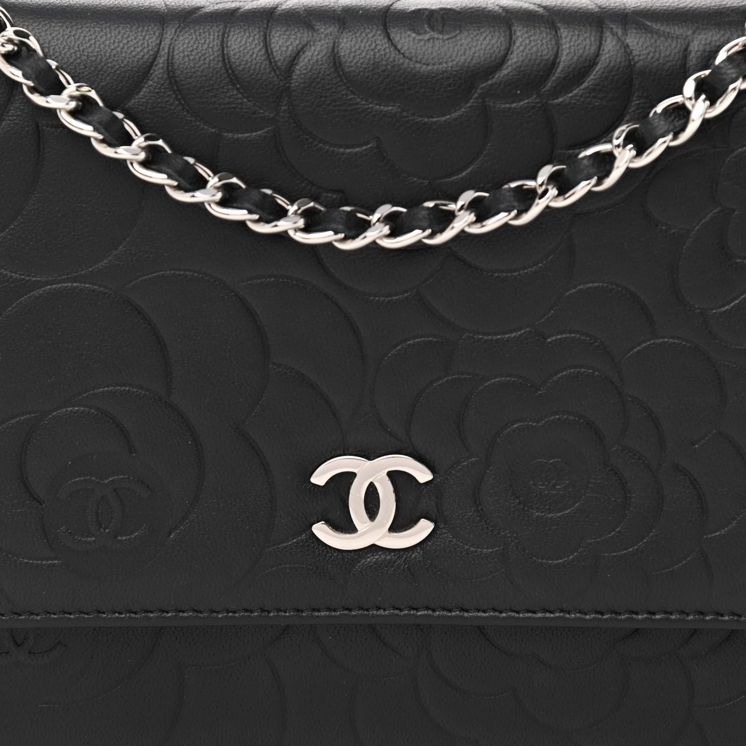 Chanel Lambskin Camellia Embossed Wallet on Chain WOC Black 9 of 12