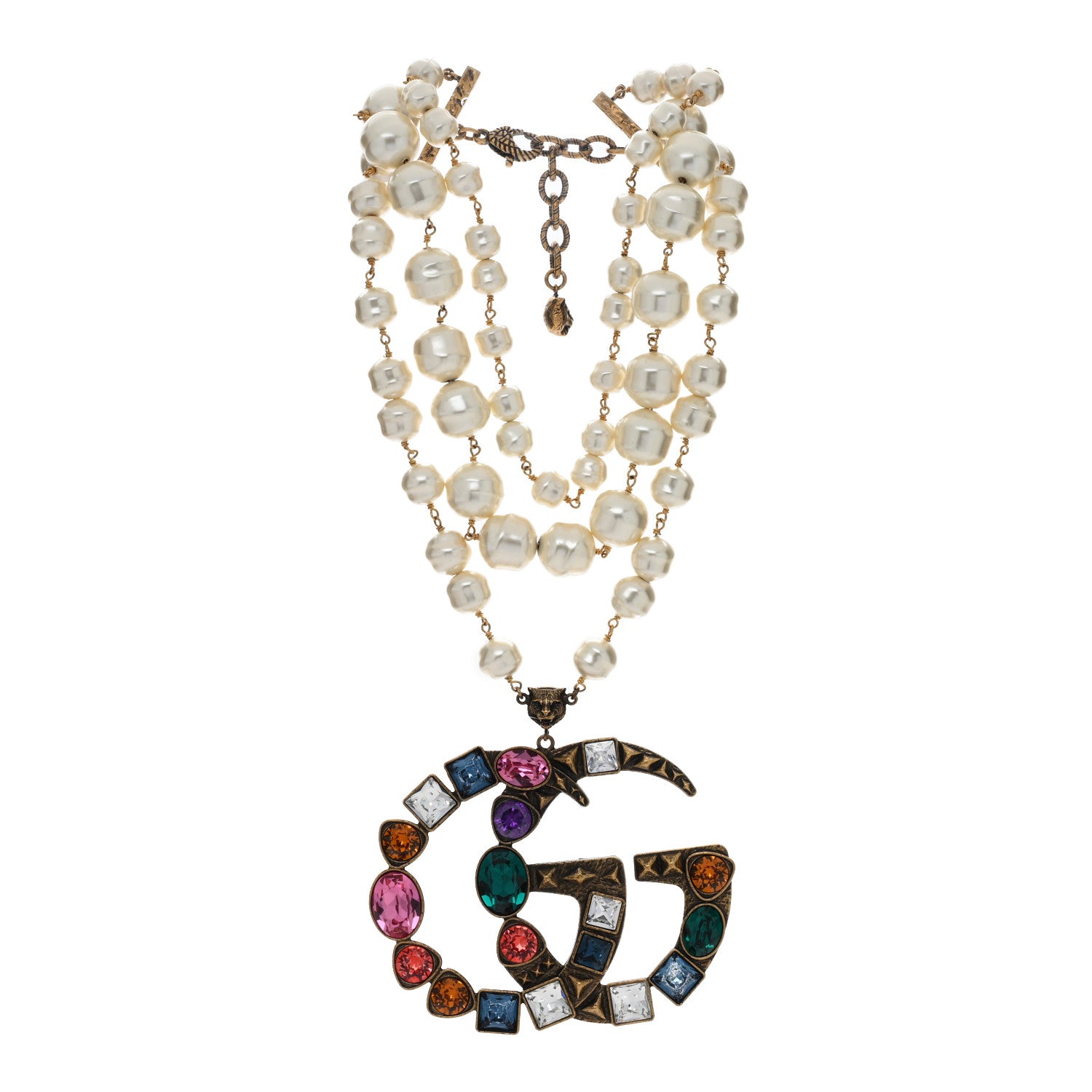 Gucci Crystal Pearl Double G Necklace Aged Gold Multicolor 3 of 4