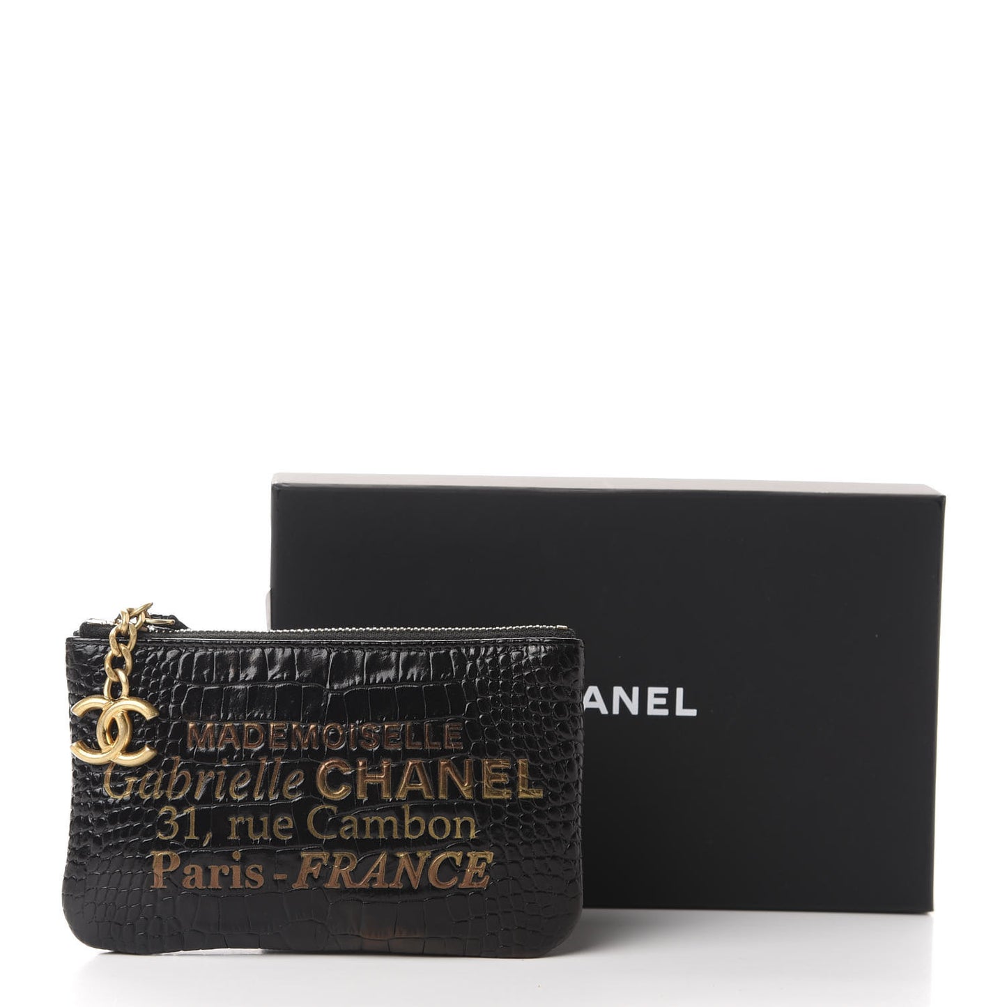 Calfskin Crocodile Embossed Cocodile Cosmetic Case Black Gold