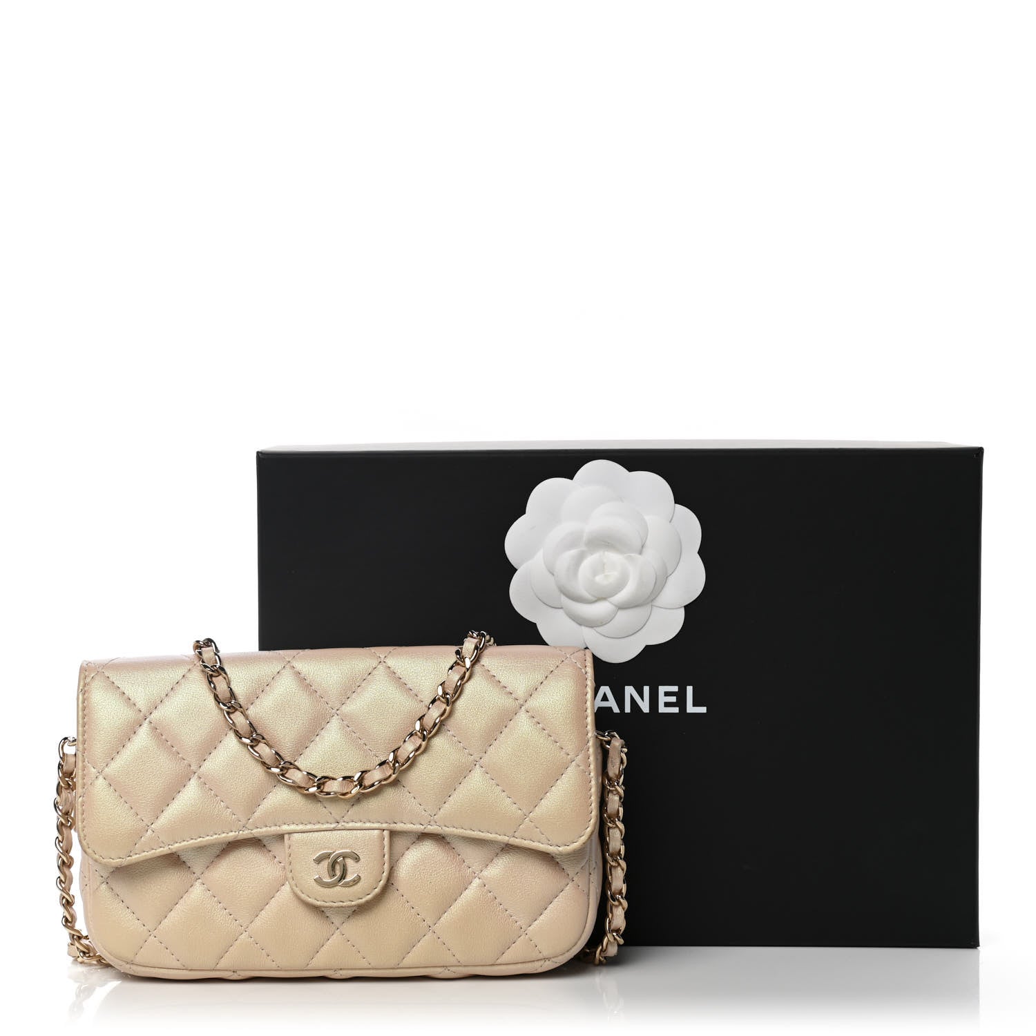 Chanel Iridescent Lambskin Quilted Flap Phone Holder With Chain Beige 13 of 13