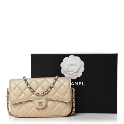 Chanel Iridescent Lambskin Quilted Flap Phone Holder With Chain Beige 13 of 13