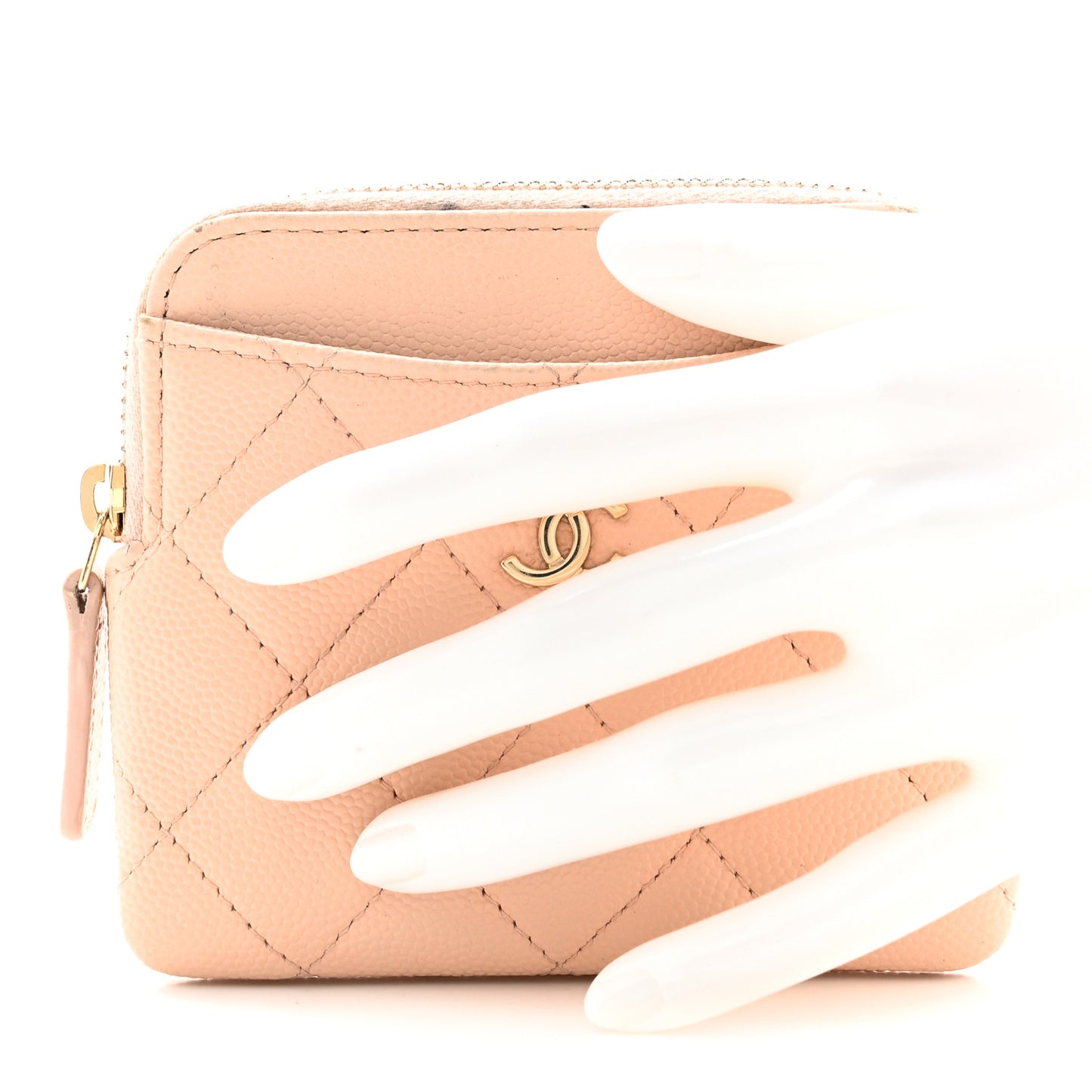 Caviar Quilted Zip Card Holder Wallet Light Beige