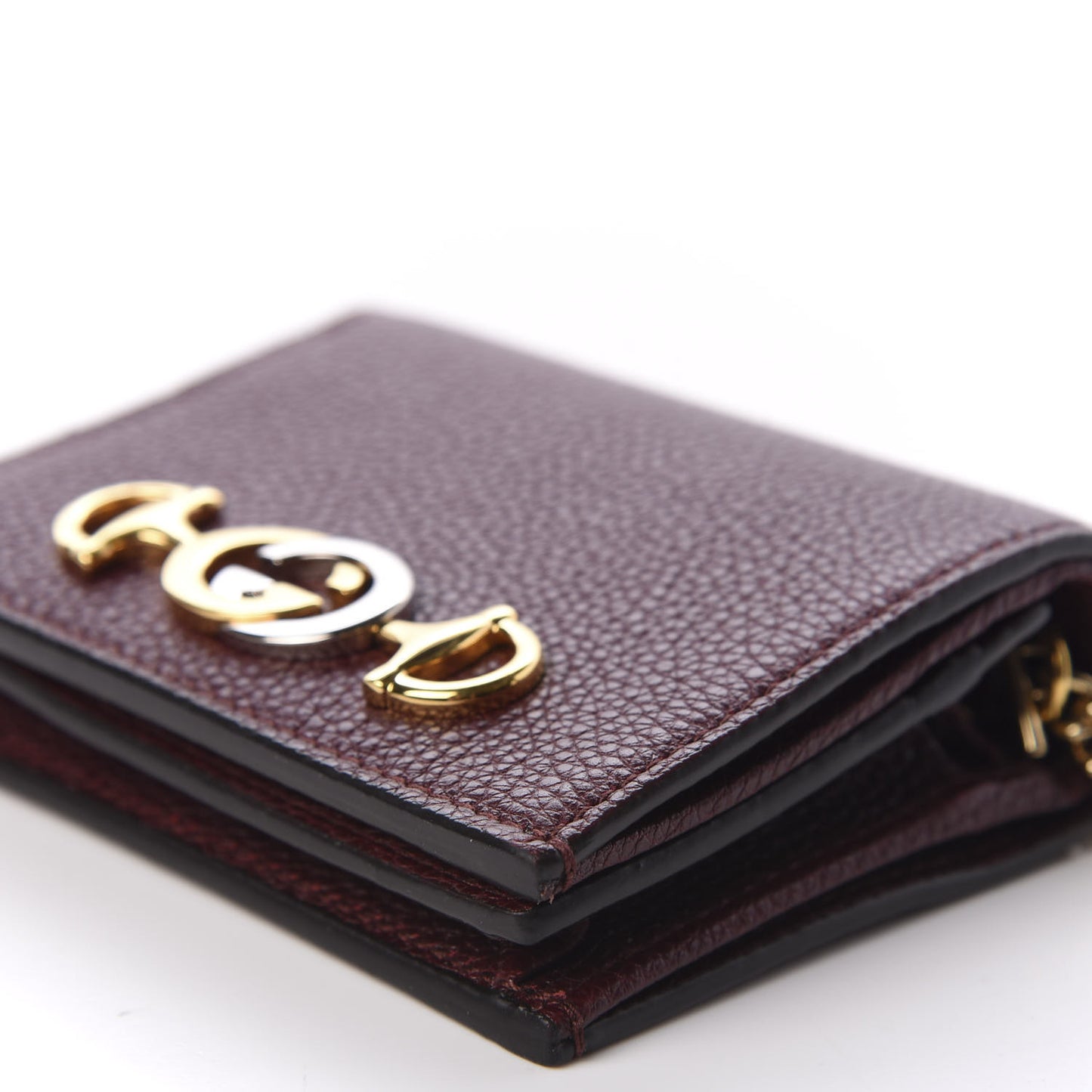 Grainy Calfskin Zumi Chain Card Case Wallet Vintage Bordeaux