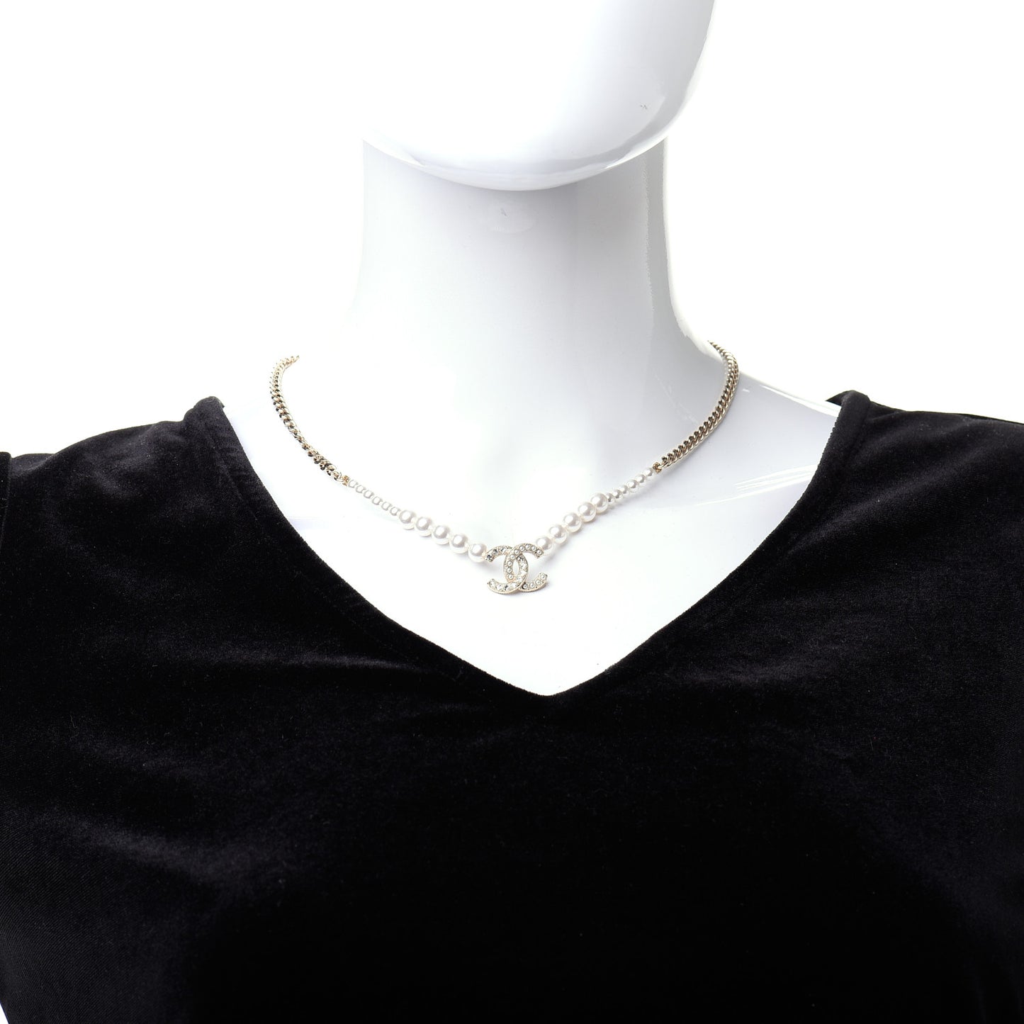 Pearl Crystal Chain CC Necklace Gold