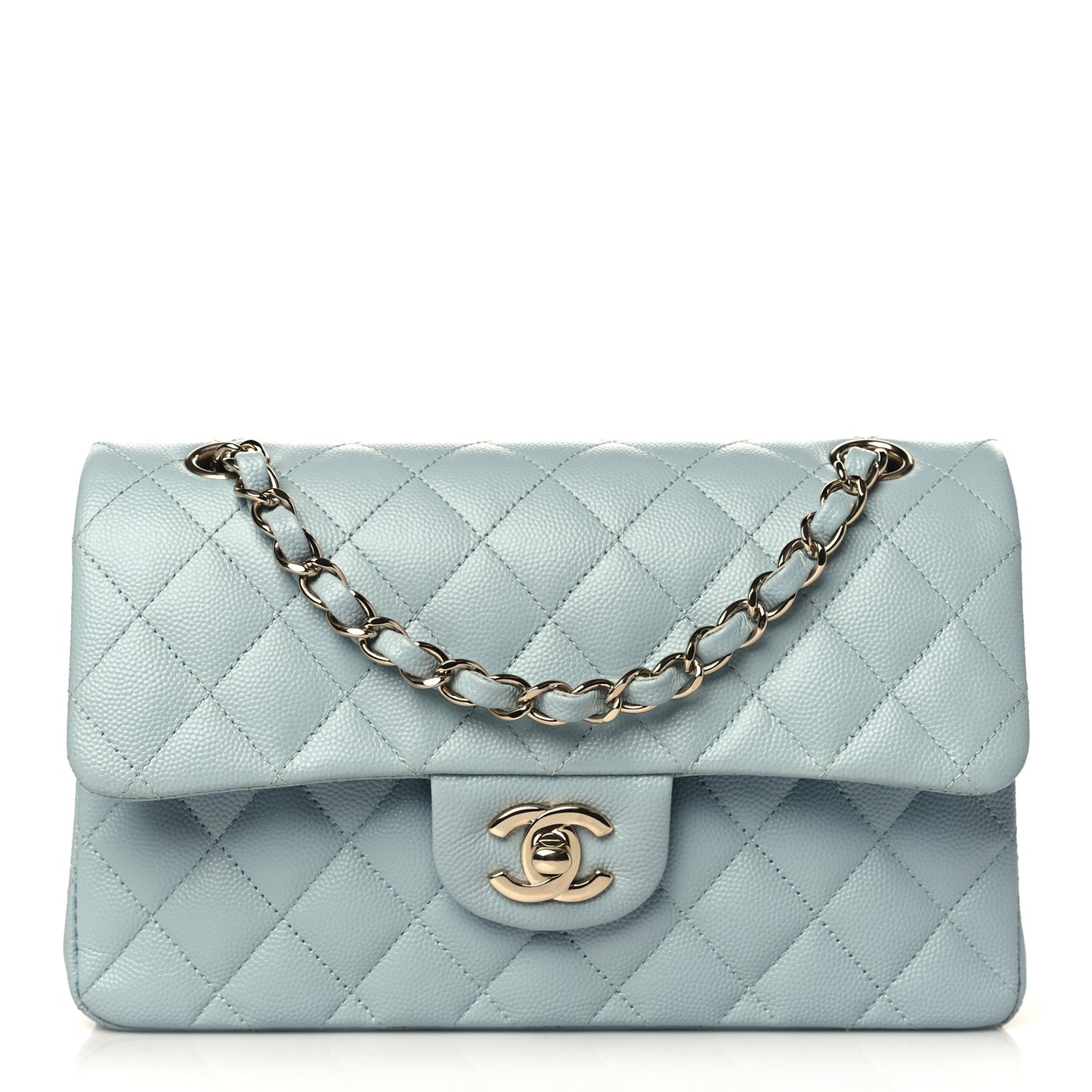 Caviar Quilted Small Double Flap Light Blue