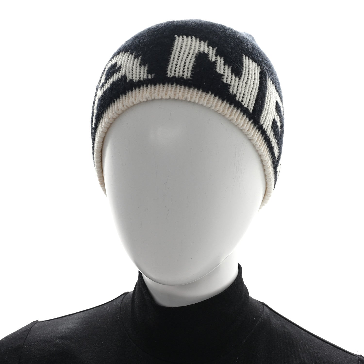 Chanel Cashmere Wool Silk Blend Logo Beanie Hat Black White 2 of 5