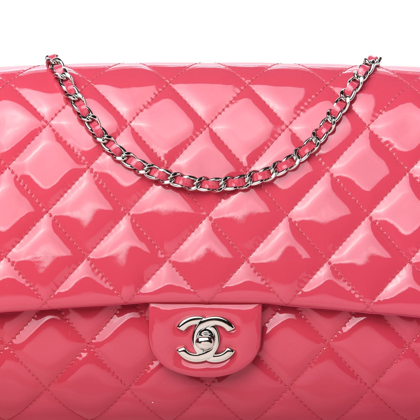 Patent Quilted Clutch With Chain Flap Fuchsia