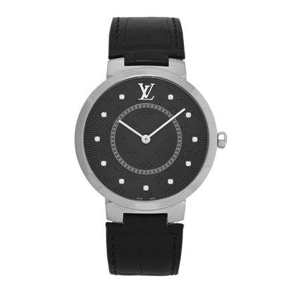 Louis Vuitton Stainless Steel Alligator Diamond 39mm Tambour Slim Quartz Watch Black 1 of 4