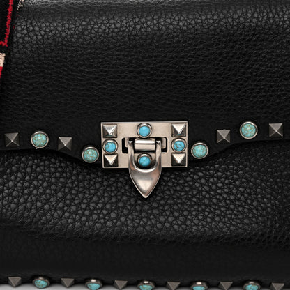 Valentino Garavani Pebbled Calfskin Turquoise Medium Guitar Strap Rockstud Rolling Flap Saddle Bag Black 7 of 12