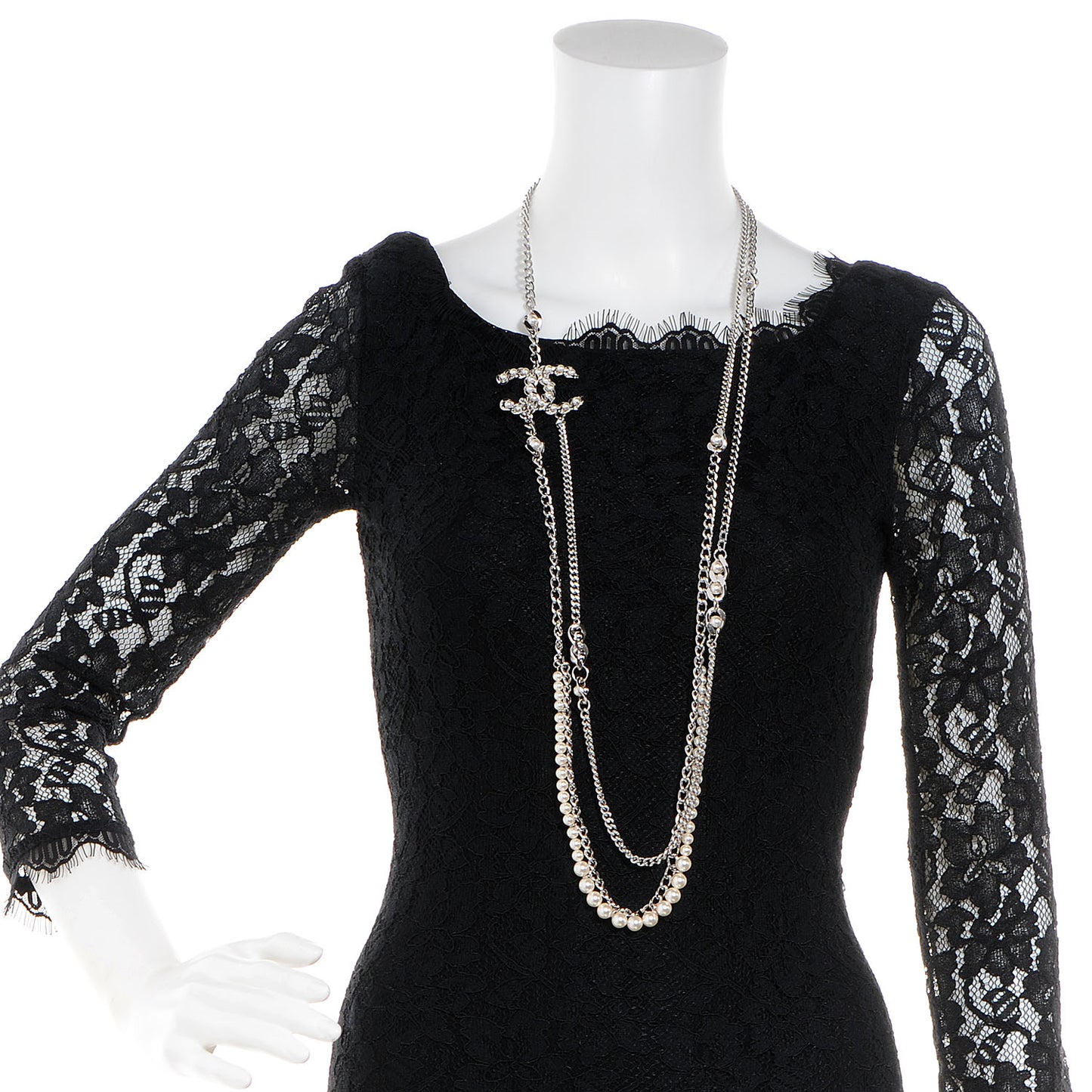 Pearl CC Long Chain Necklace Silver