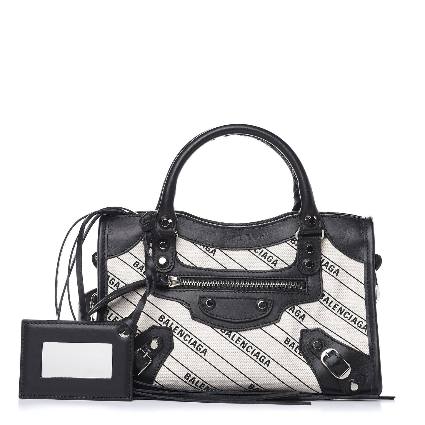 Canvas Satin Calfskin Diagonal Allover Logo Print Classic Silver Hardware Mini City Natural Black