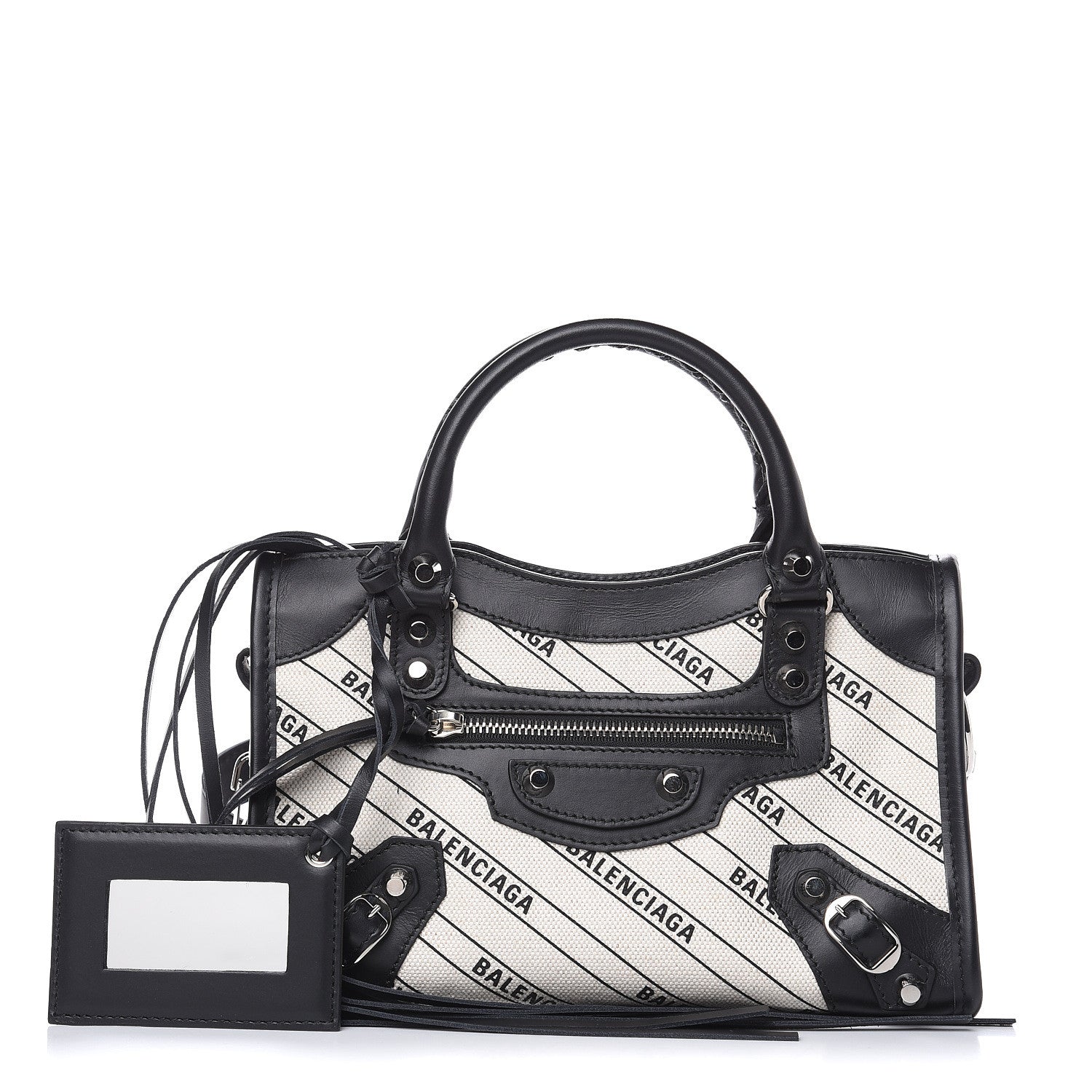 Balenciaga Canvas Satin Calfskin Diagonal Allover Logo Print Classic Silver Hardware Mini City Natural Black 1 of 8