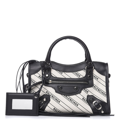Balenciaga Canvas Satin Calfskin Diagonal Allover Logo Print Classic Silver Hardware Mini City Natural Black 1 of 8