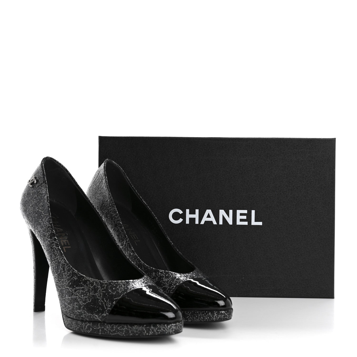Chanel Metallic Crackled Calfskin Patent Cap Toe Pumps 41 Silver Black 10 of 10