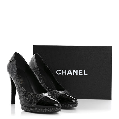 Chanel Metallic Crackled Calfskin Patent Cap Toe Pumps 41 Silver Black 10 of 10