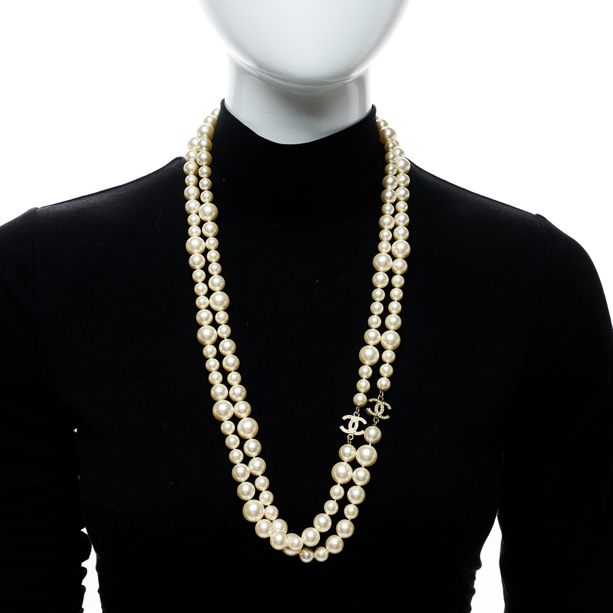 Graduated Pearl Crystal CC Long Necklace Silver
