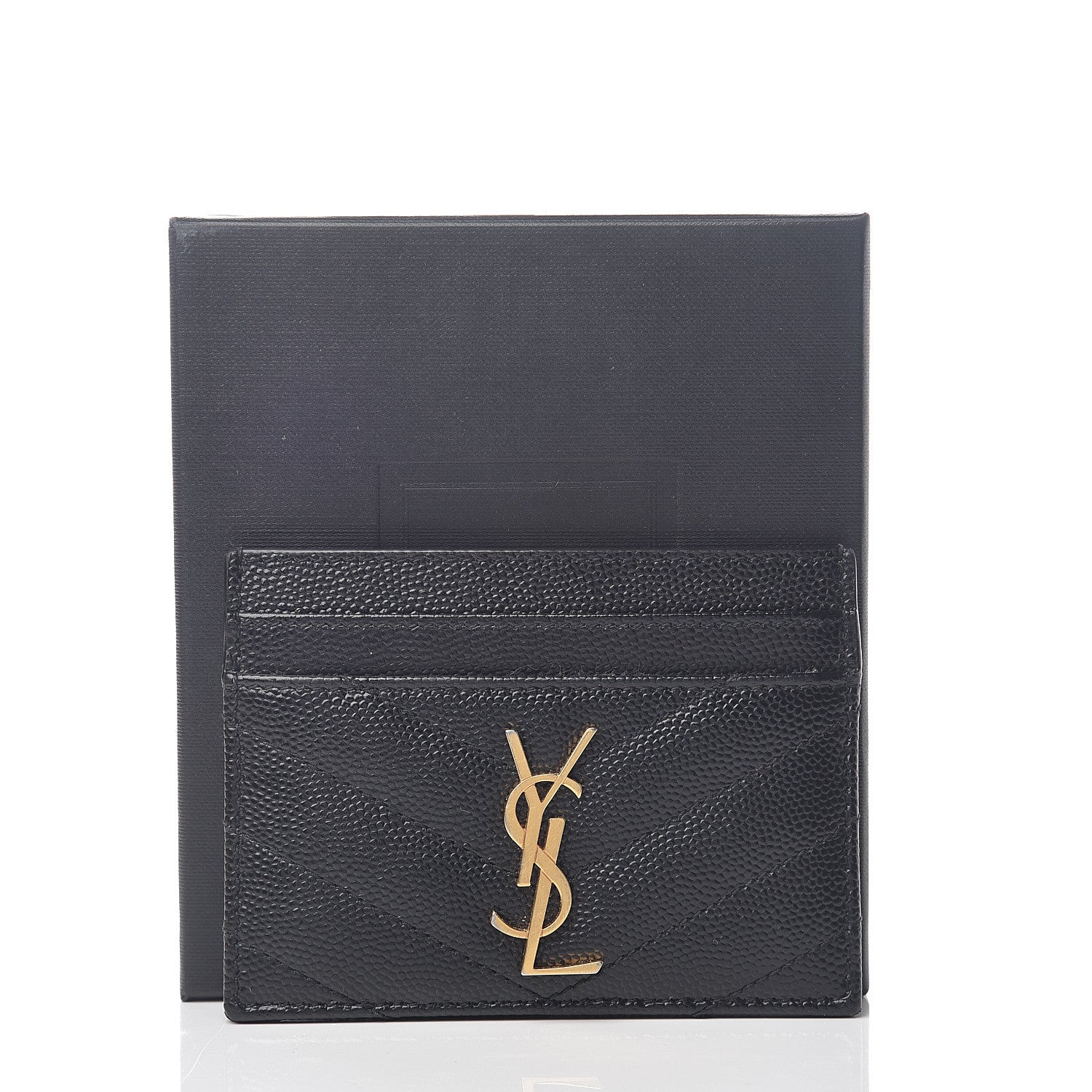 Saint Laurent Grain De Poudre Matelasse Chevron Monogram Credit Card Case Black 6 of 6