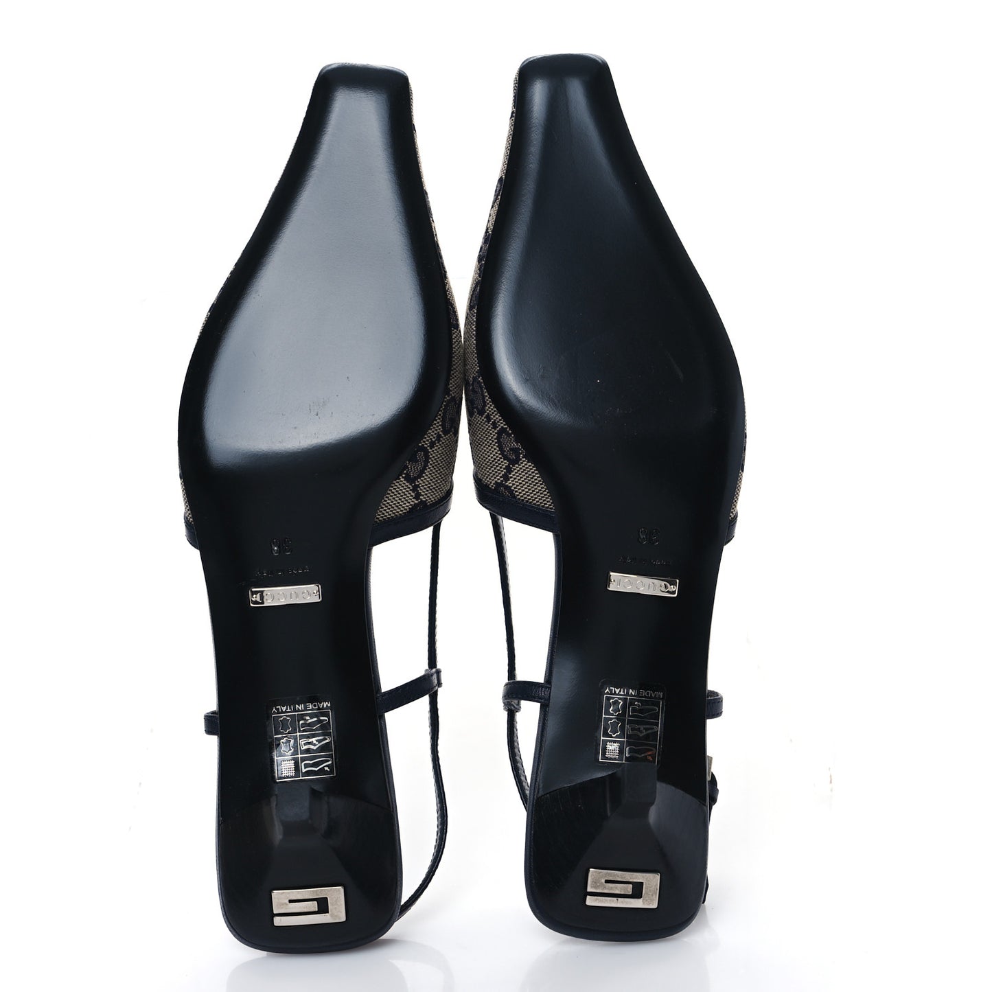 GG Monogram Malaga Kid Square G 35mm Slingback Pumps 38 Beige Blue