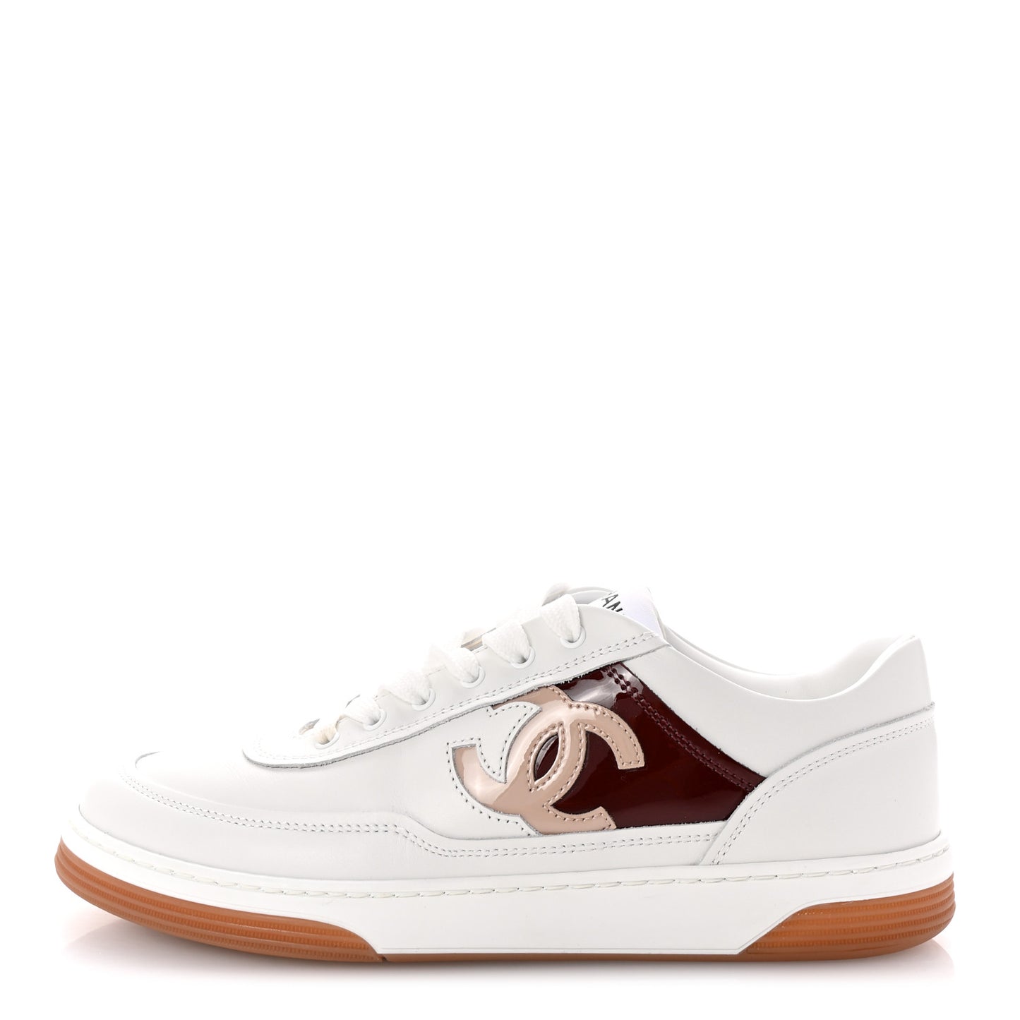 Calfskin Patent Womens CC Sneakers 37 White Burgundy Beige