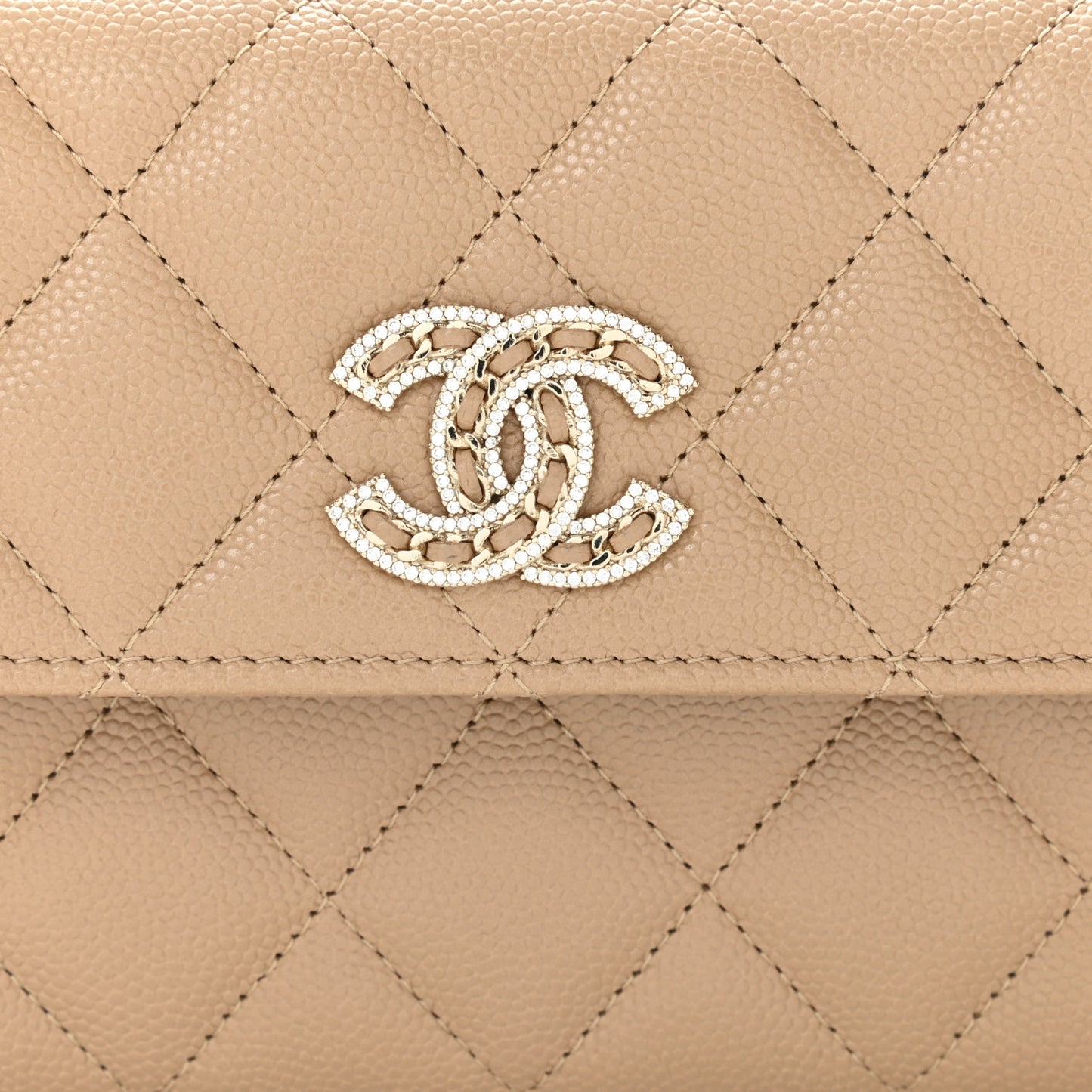 Caviar Quilted Crystal CC Large Gusset Flap Wallet Beige