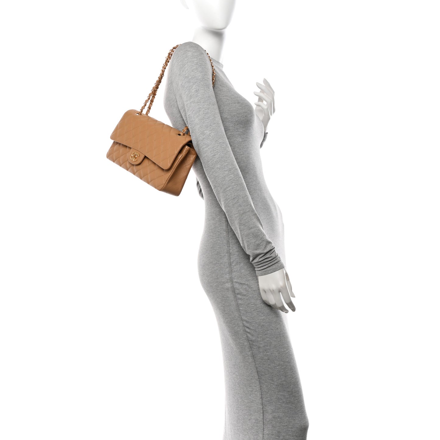 Caviar Quilted Medium Double Flap Beige