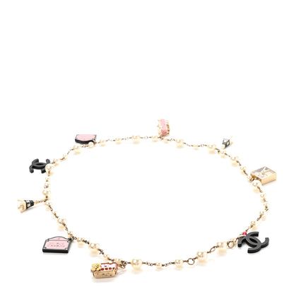 Chanel Pearl Resin Crystal CC Charm Necklace Gold Pink Black 2 of 9