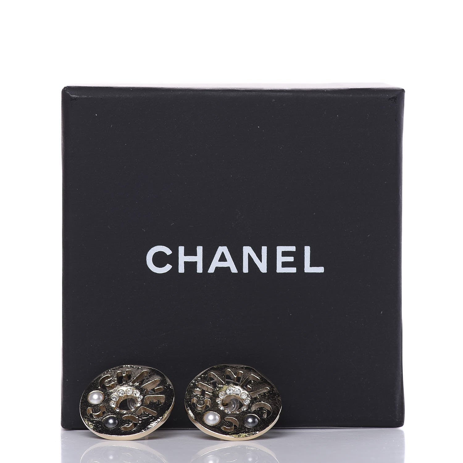 Chanel Crystal Pearl Papyrus Stud Earrings Gold Grey 5 of 5