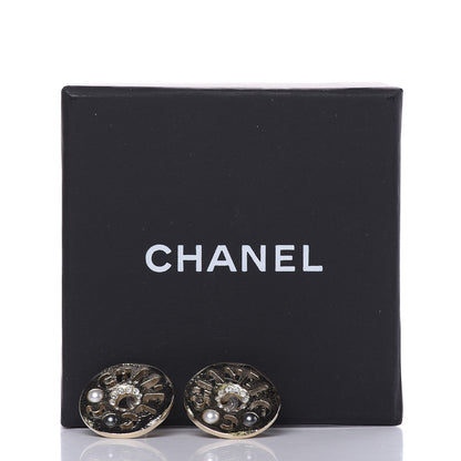 Chanel Crystal Pearl Papyrus Stud Earrings Gold Grey 5 of 5